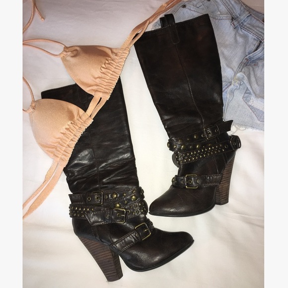 Brown Leather Studded Heeled Boots - Picture 1 of 6